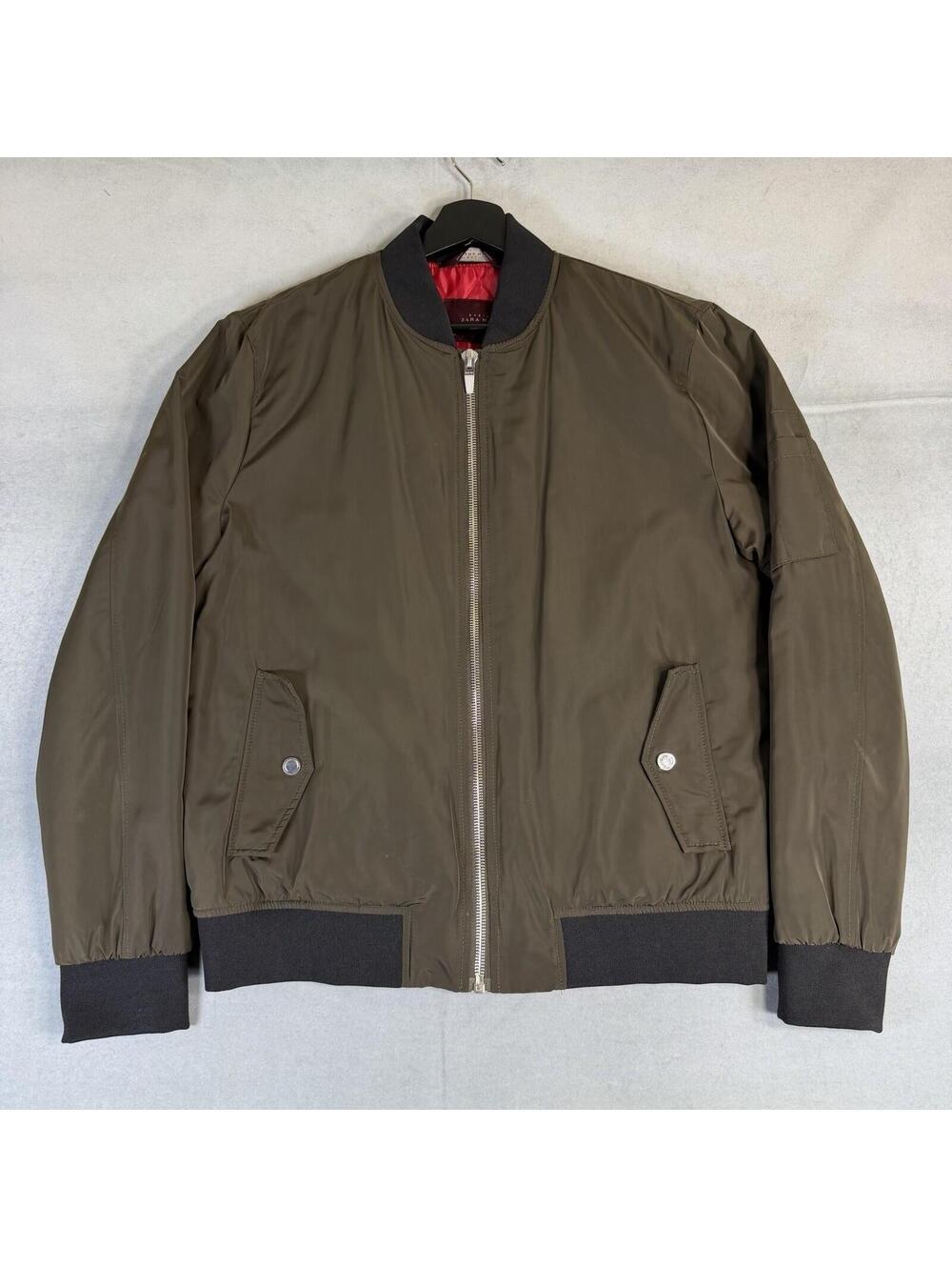 ZARA Man Basic Bomber Jacket Mens Large Olive Green Quilted Lined Zip Nylon